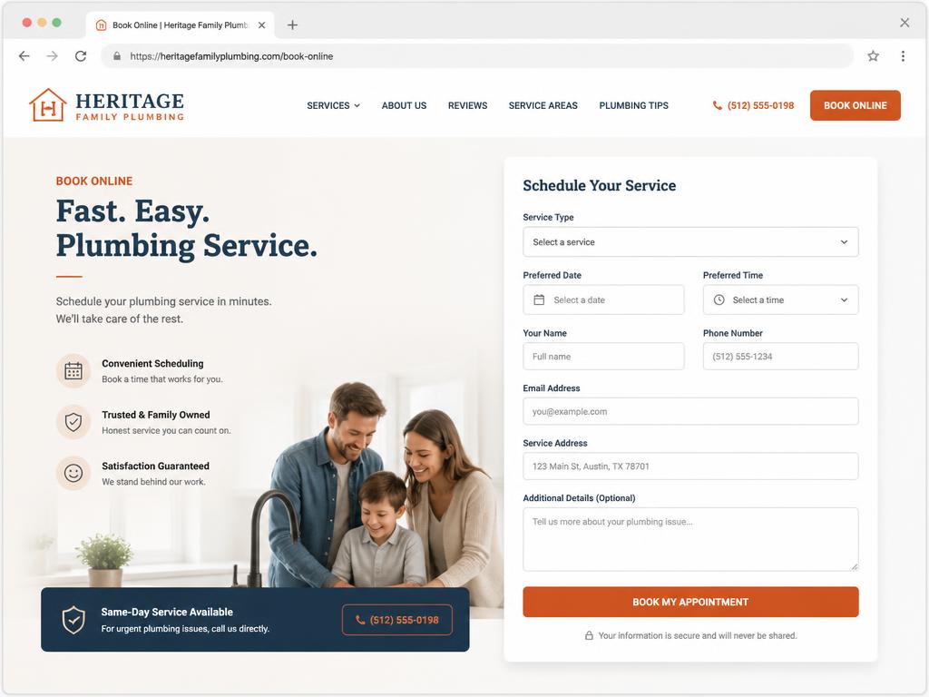 Plumbing company book-online page with scheduling form