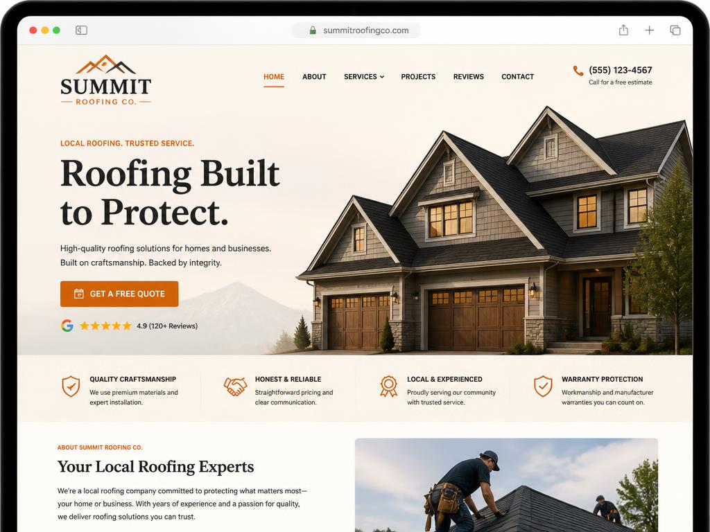 Roofing company website with a free quote button